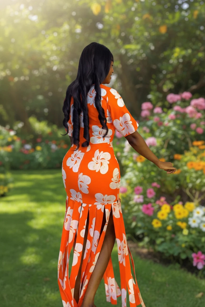 Tropical Bold Fringe Hem Skirt Set