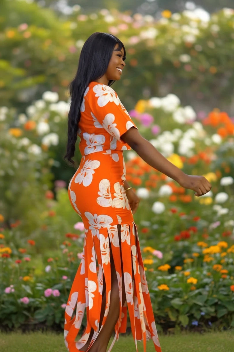 Tropical Bold Fringe Hem Skirt Set