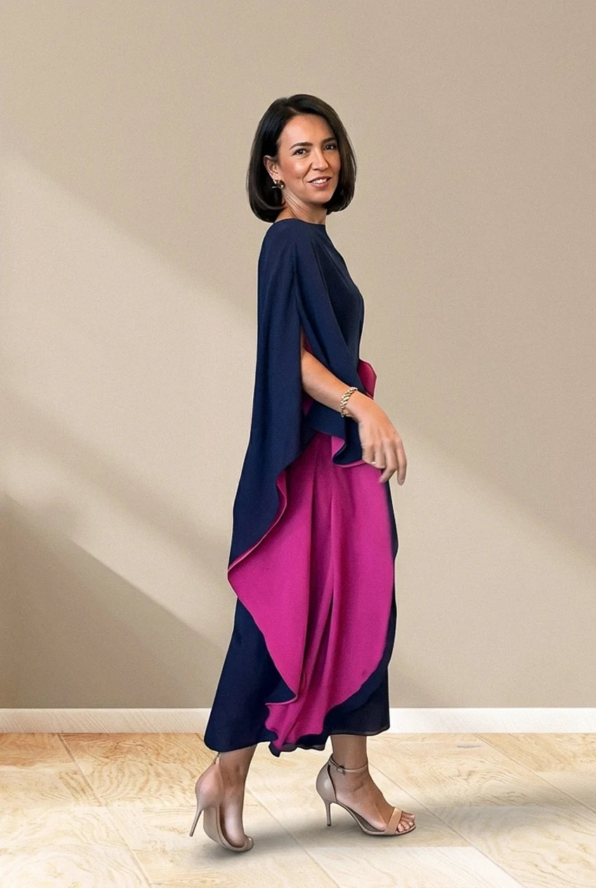 Abito midi con mantella fluida reversibile