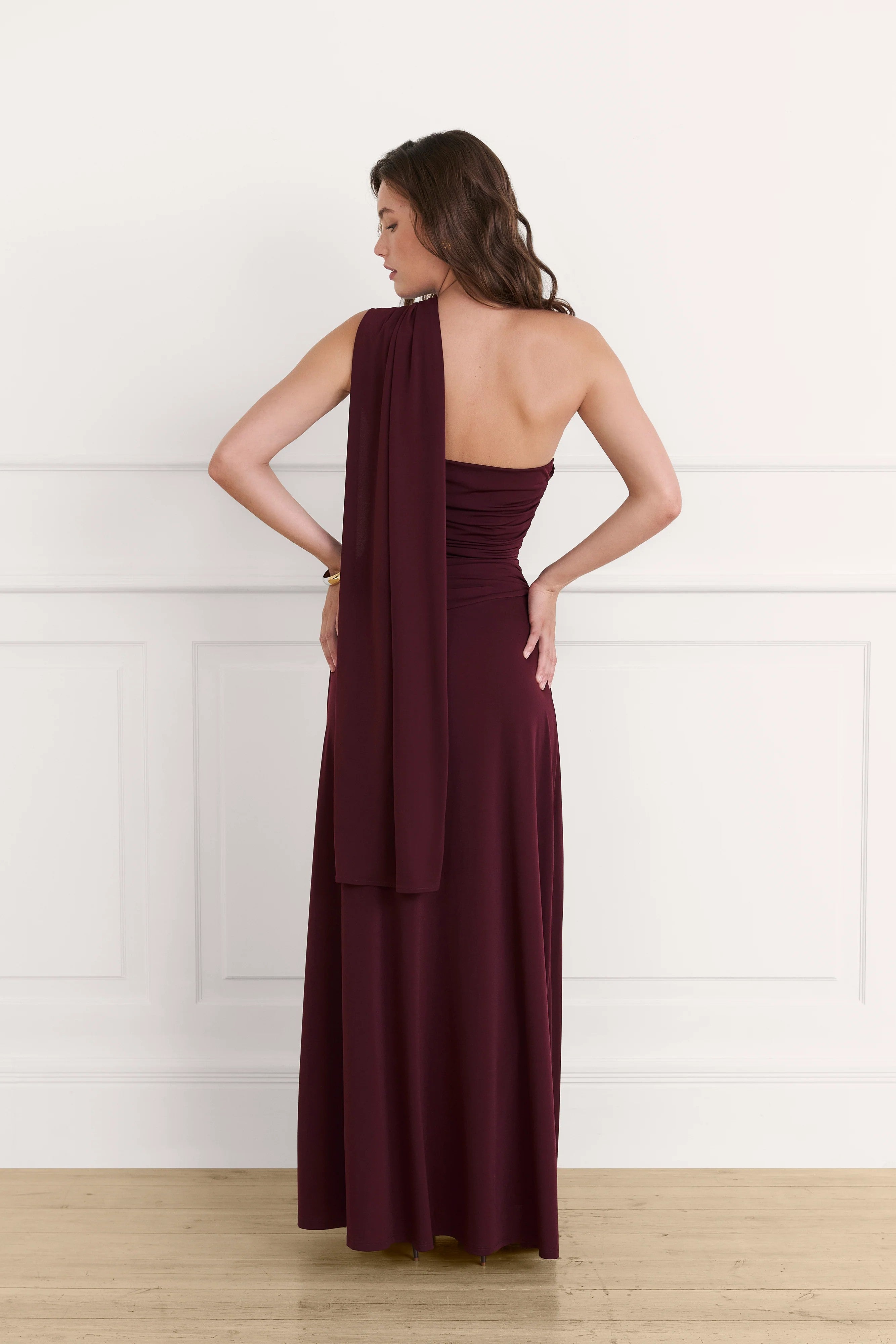 Dark Burgundy Draped Asymmetric Maxi Dress