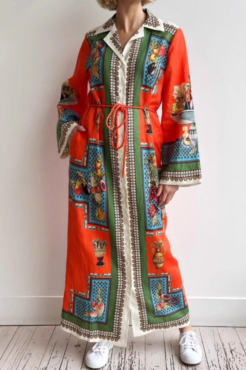 Φόρεμα μέσης από λινό με μακριά μανίκια