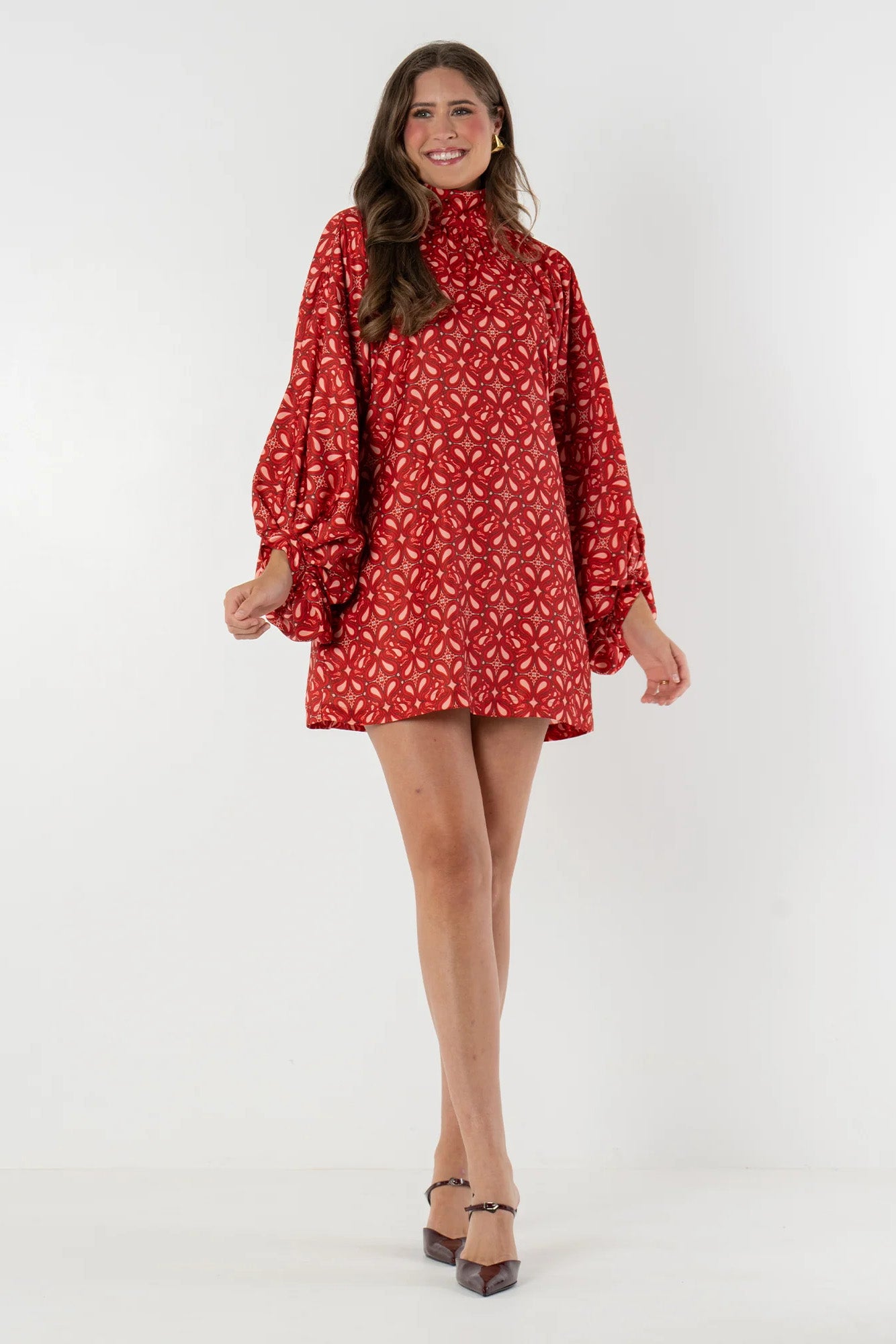 Bohemian High Neck Lantern Sleeve Mini Dress
