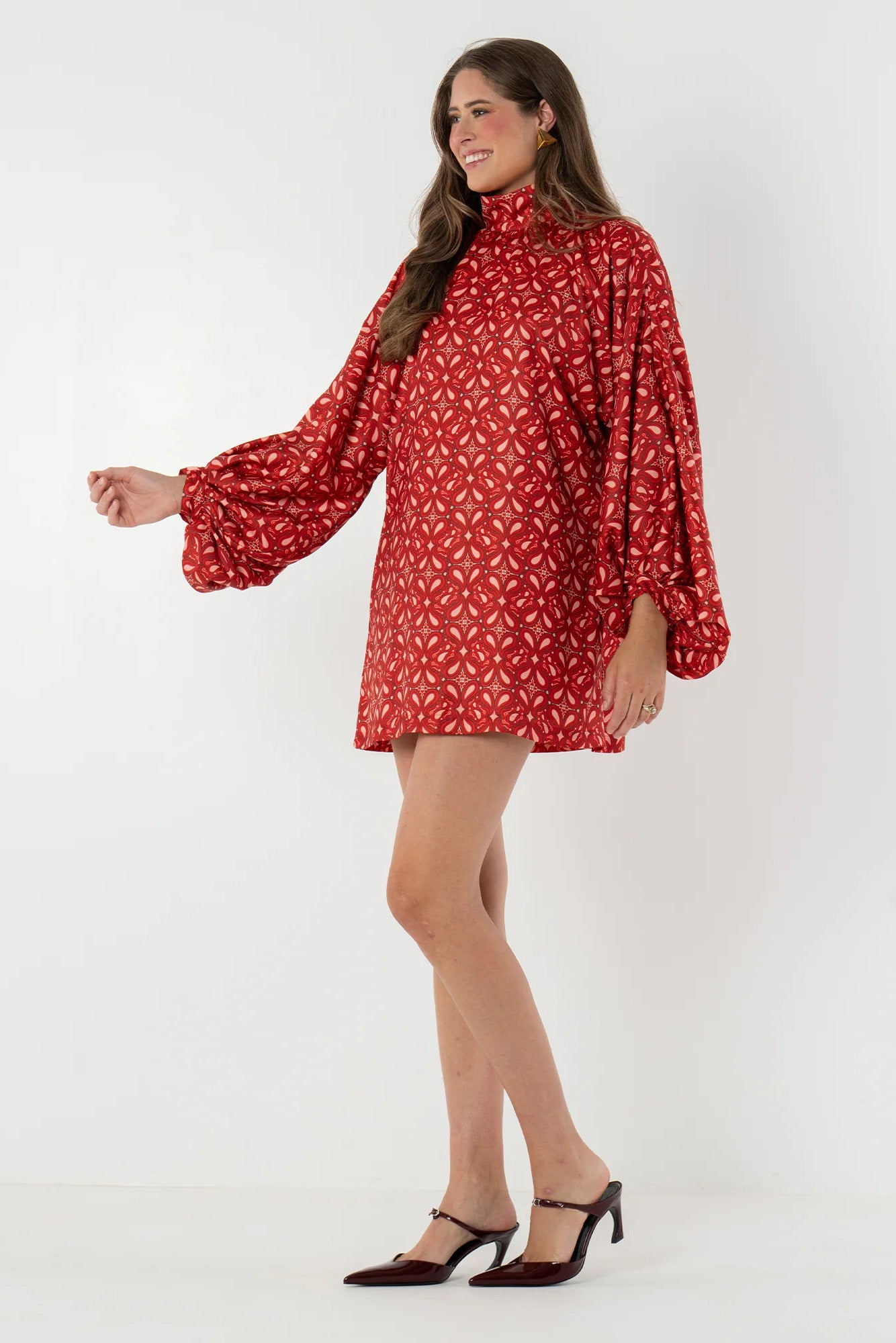 Bohemian High Neck Lantern Sleeve Mini Dress