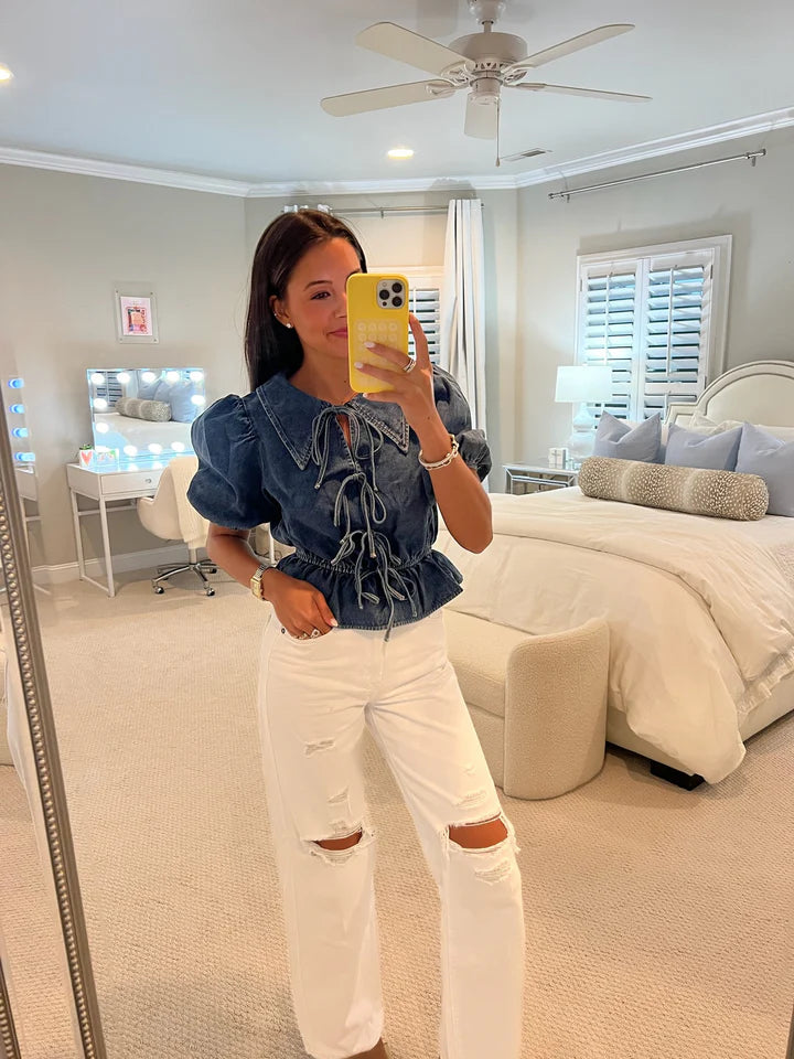 Denim Bağcıklı Günlük Şort Takımı
