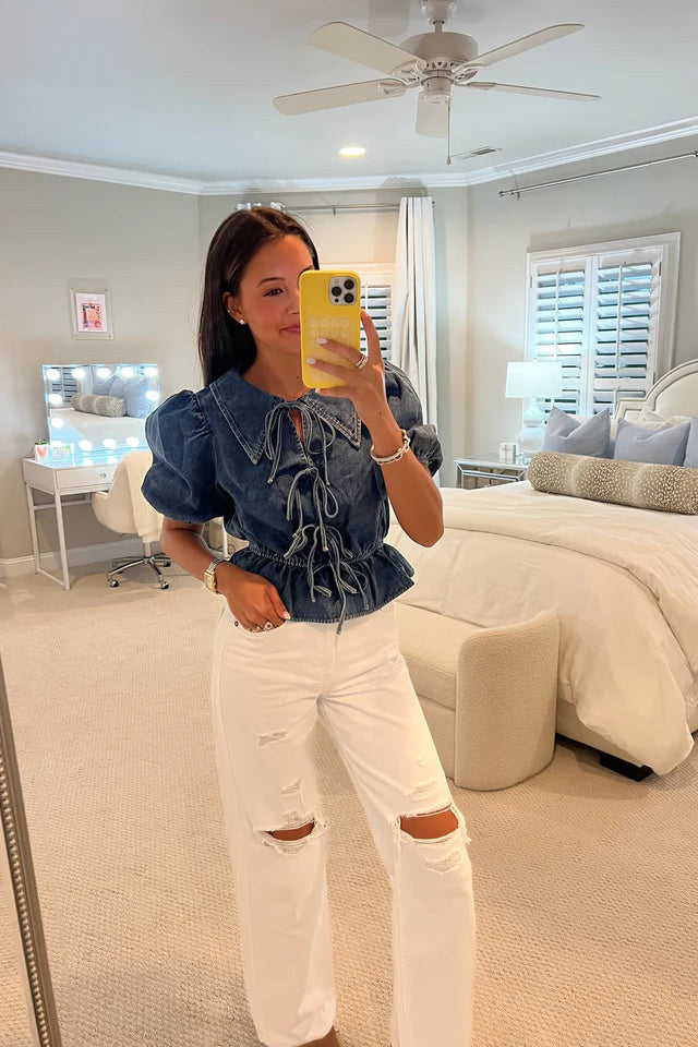 Denim Bağcıklı Günlük Şort Takımı