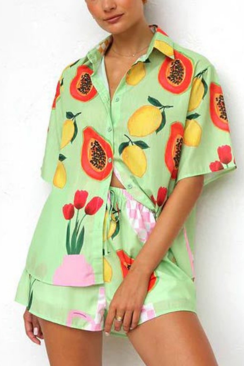 Casual Printed Cardigan Shirt Shorts Set