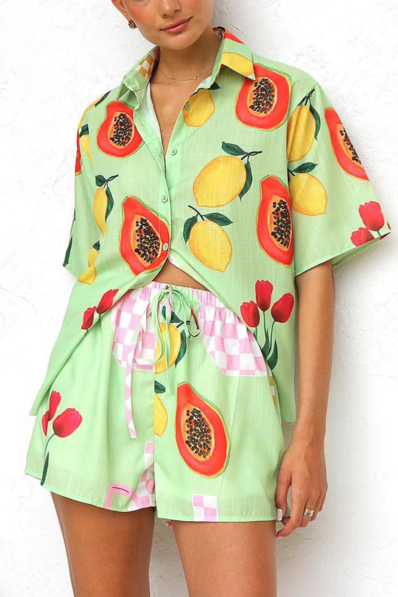 Casual Printed Cardigan Shirt Shorts Set
