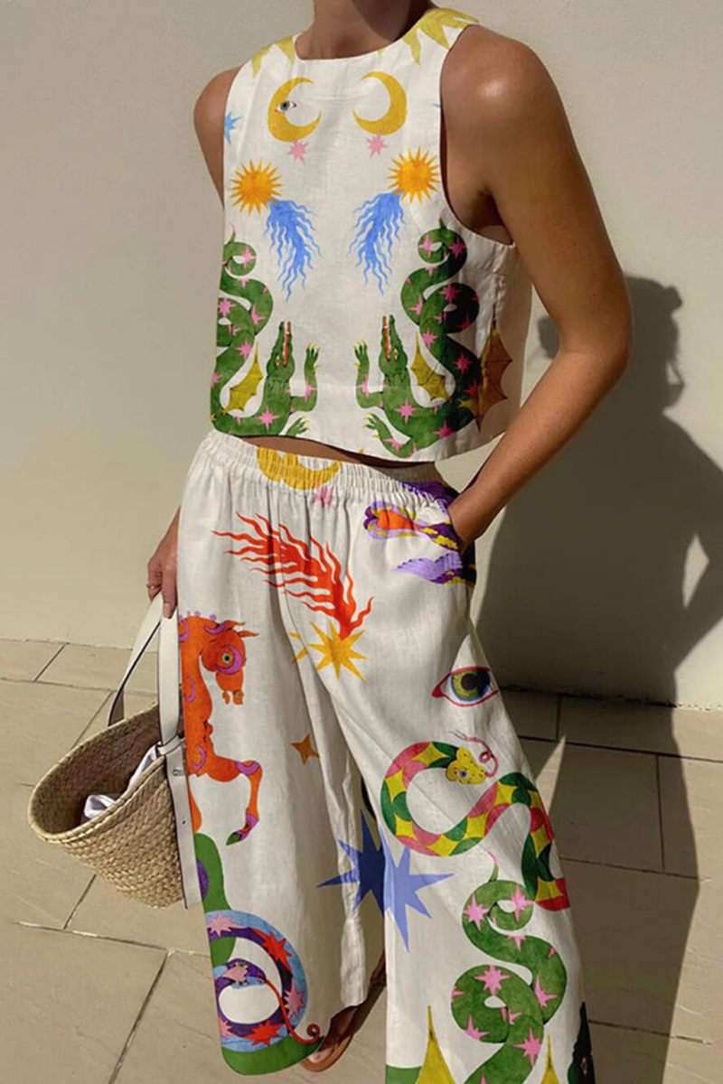 Linen Blend Unikt Print Tank Sæt
