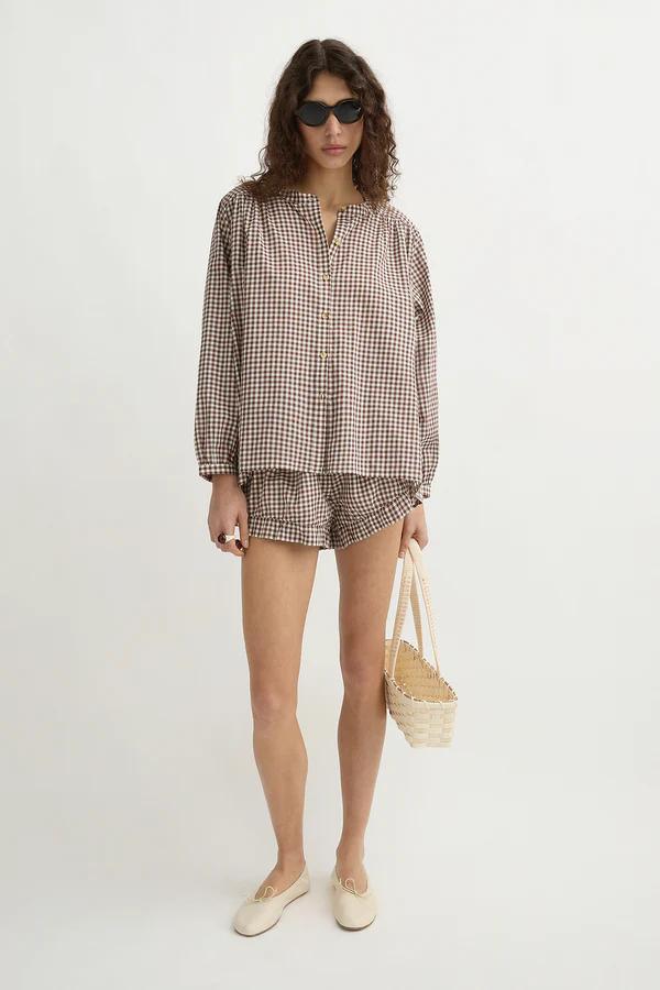 Gingham Shirt & White Midi Skirt Set（Free Belt）