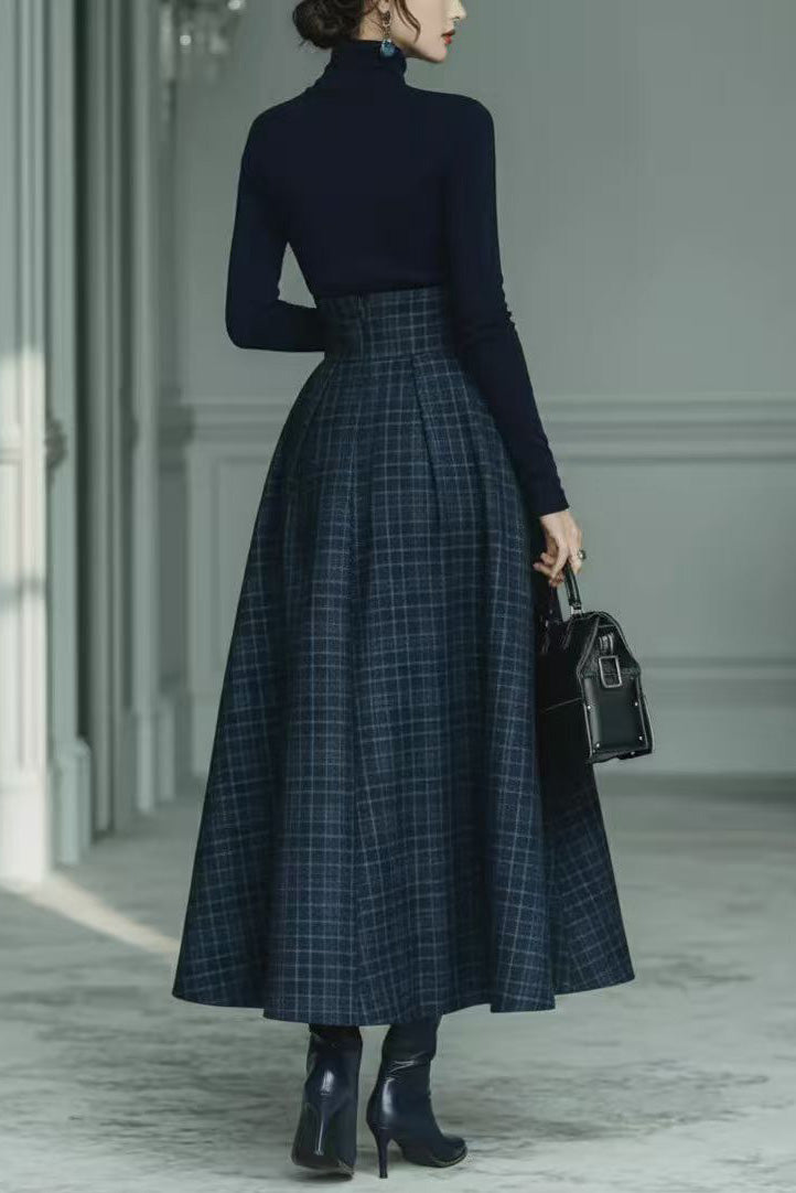Dark Blue Turtleneck Stretch Top And Plaid Skirt Set
