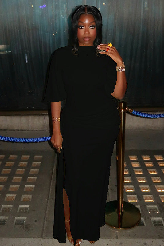 Backless Ruched Slit Maxi Dress