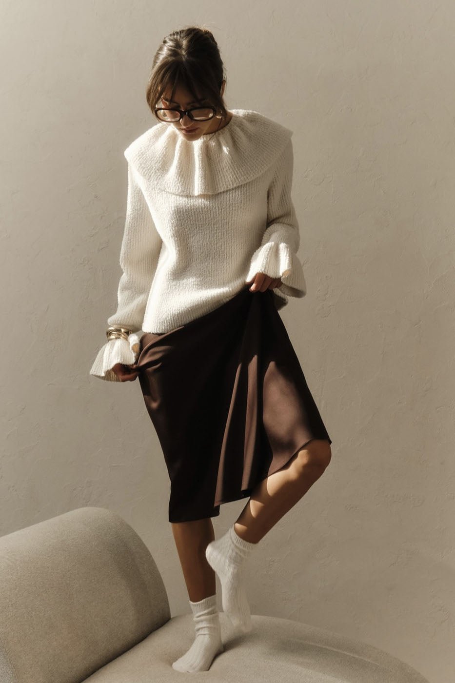 Warm Tone Pure Color Ruffled Sweater