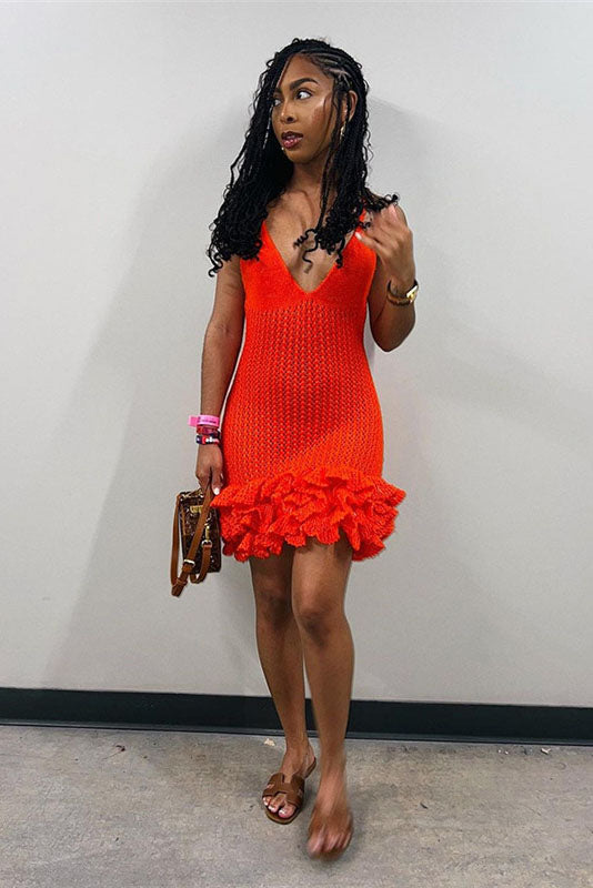 Sara Mini abito in maglia con scollo a V e orlo a balze