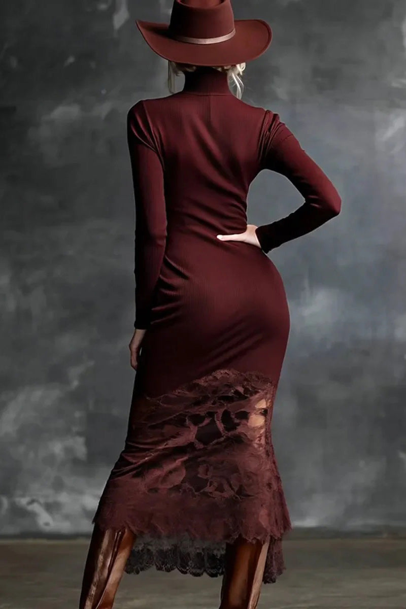 Elegant High-neck Lace Hem Burgundy Maxi Dress