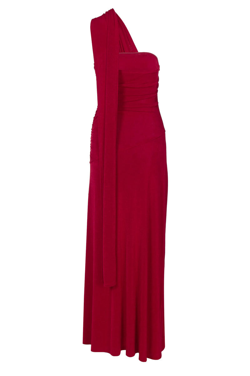 Dark Burgundy Draped Asymmetric Maxi Dress