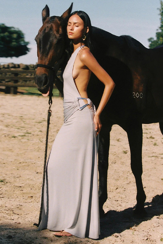 One-Shoulder Open-Back Metal Maxi Dress