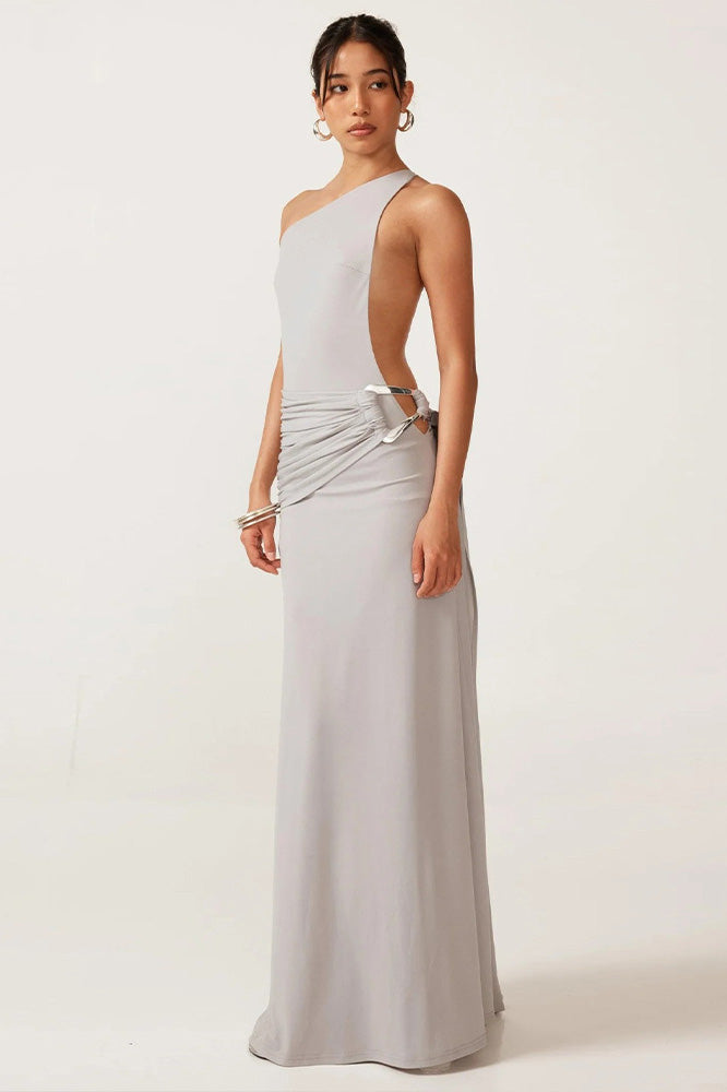 One-Shoulder Open-Back Metal Maxi Dress