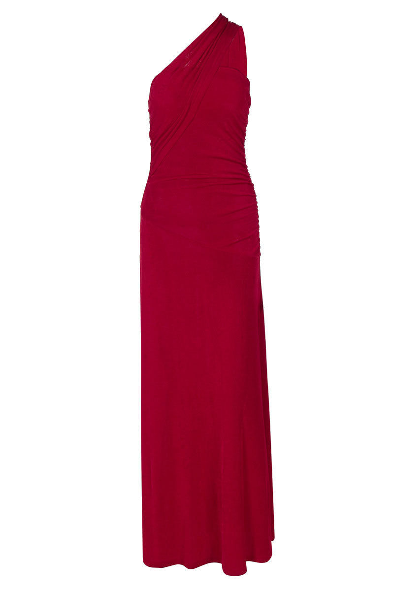 Dark Burgundy Draped Asymmetric Maxi Dress