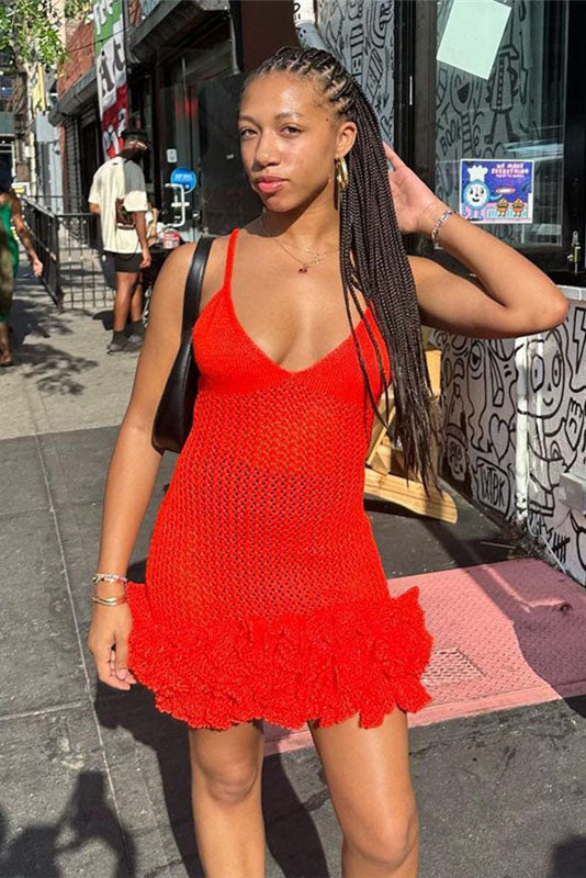 Sara Mini abito in maglia con scollo a V e orlo a balze