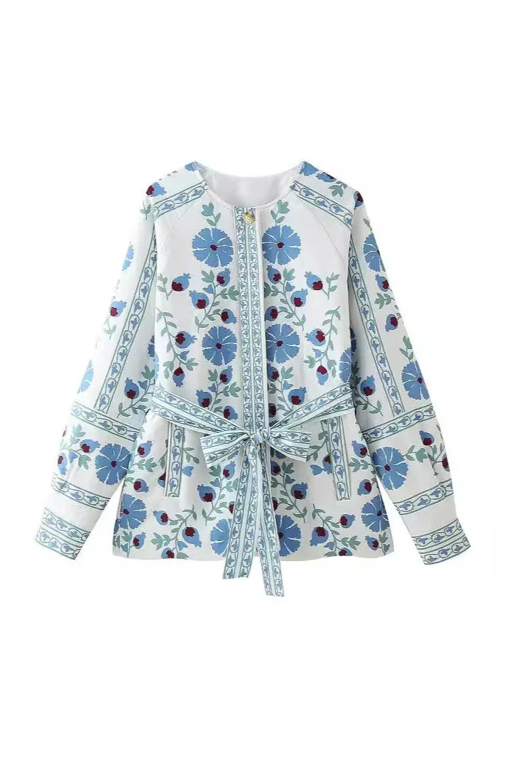 Casual Street Flowers Lace Up Buttons Patchwork O Neck Outerwear