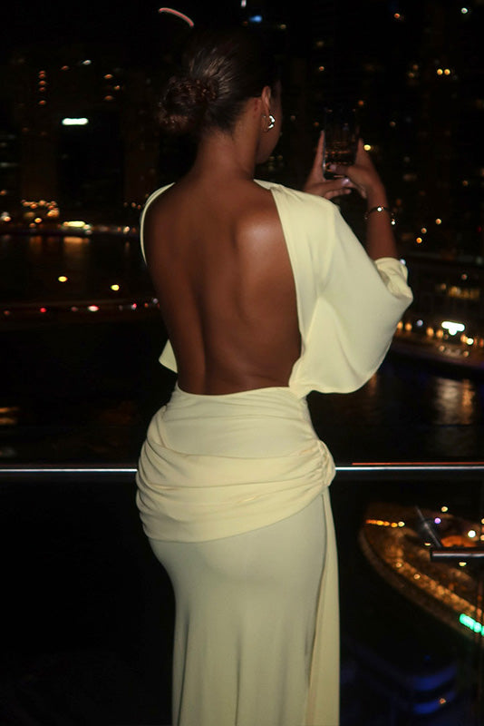 Backless Ruched Slit Maxi Dress