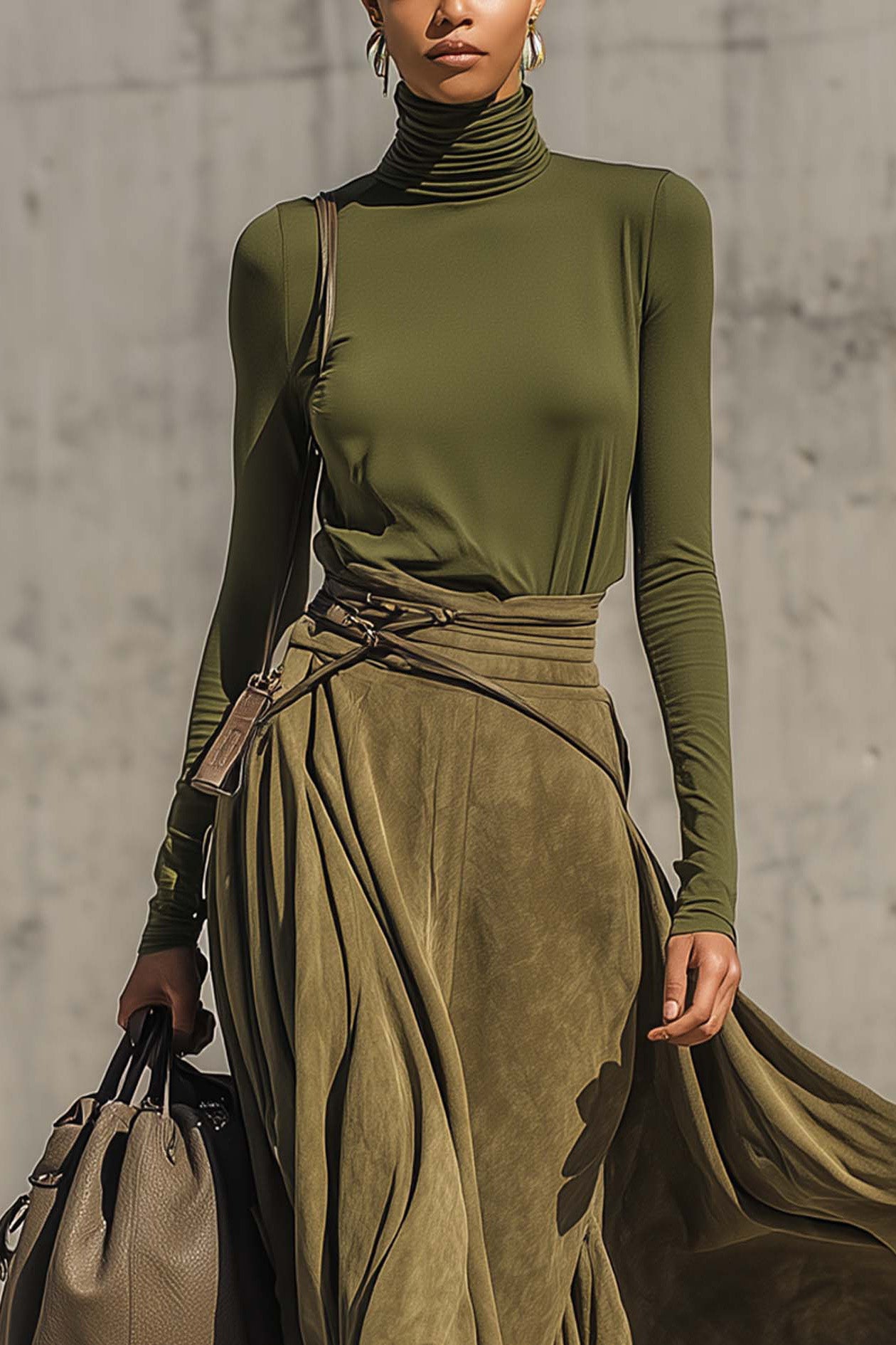 Olive Green Stretch Turtleneck Top And Faux Suede Maxi Skirt Set（Includes belt）