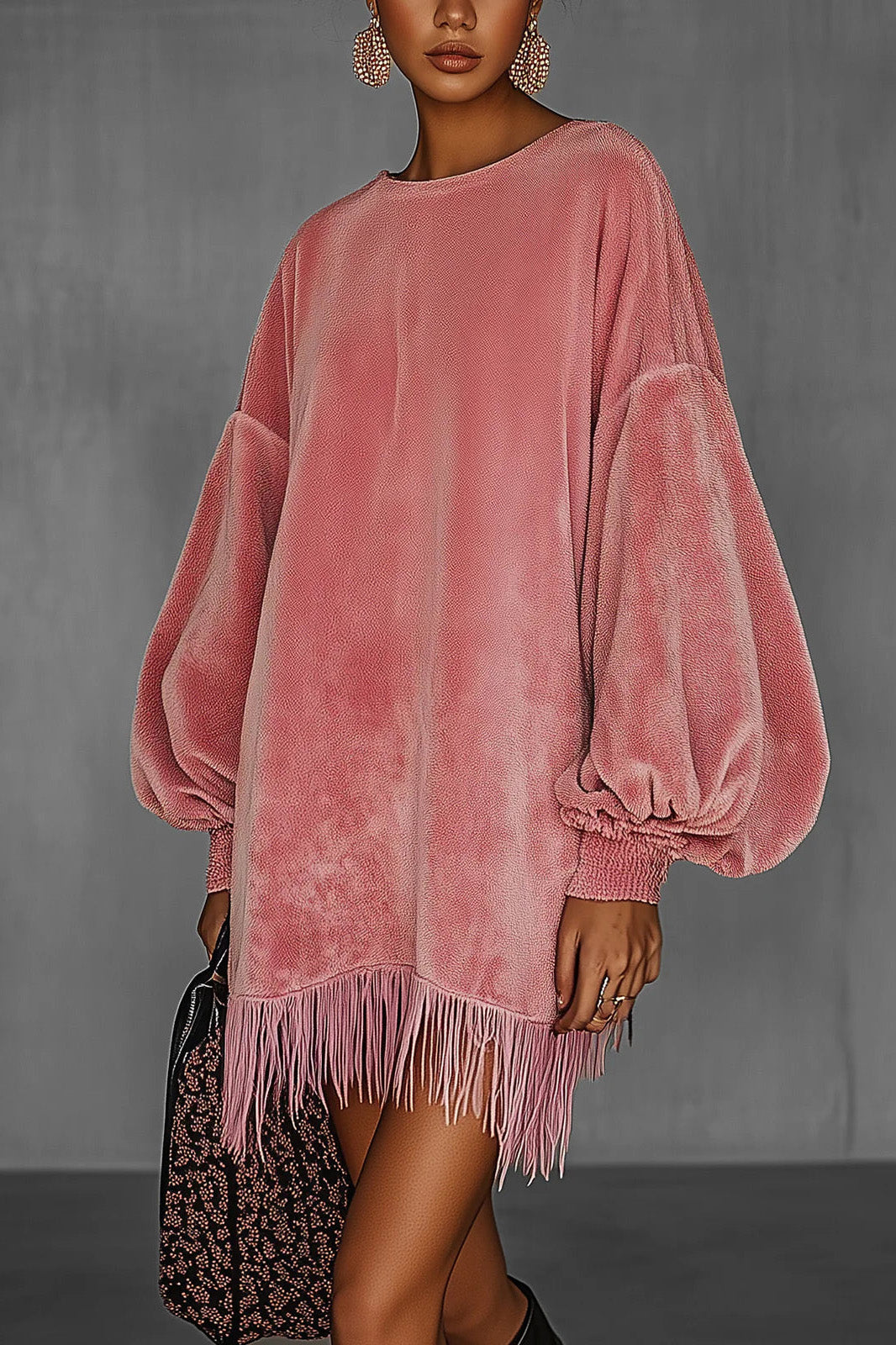 Oversized Pink Fringe Crew Neck Velvet Dress