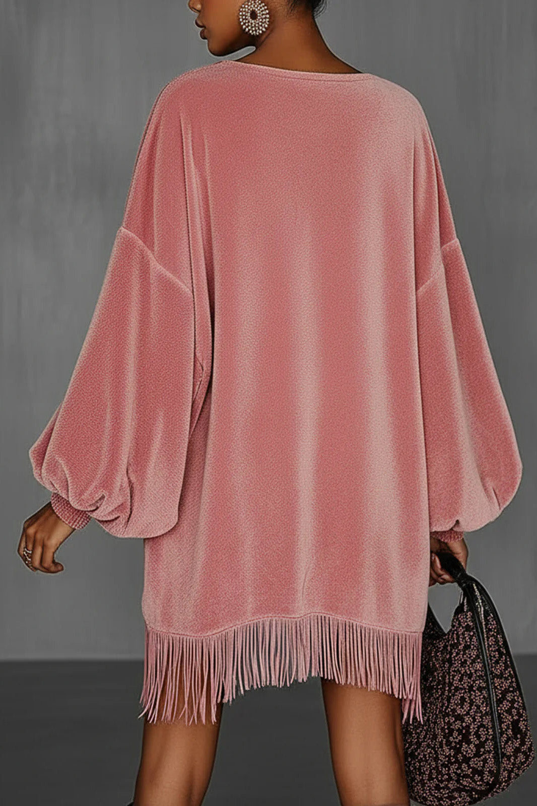 Oversized Pink Fringe Crew Neck Velvet Dress