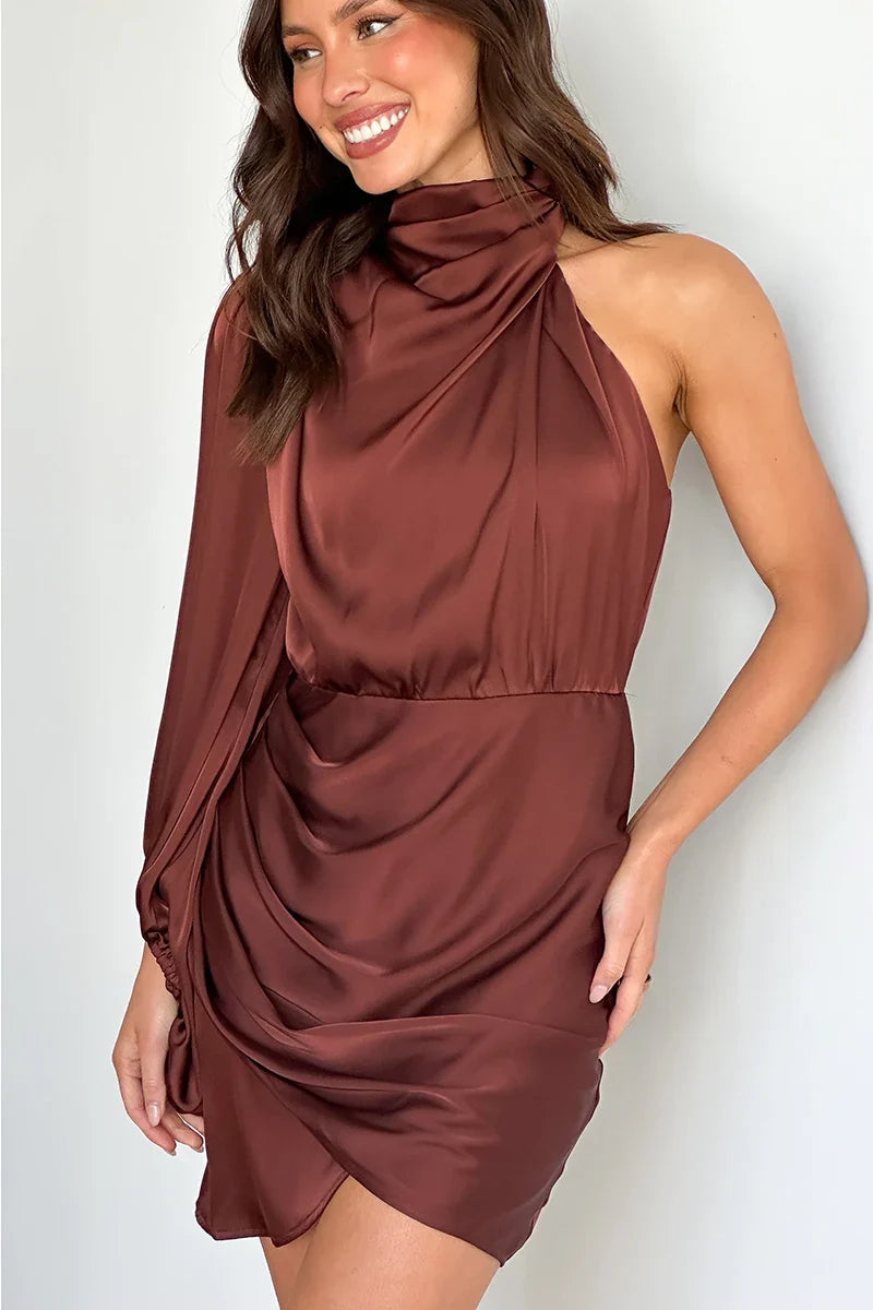 Lexi One Shoulder Mini Dress - Brown