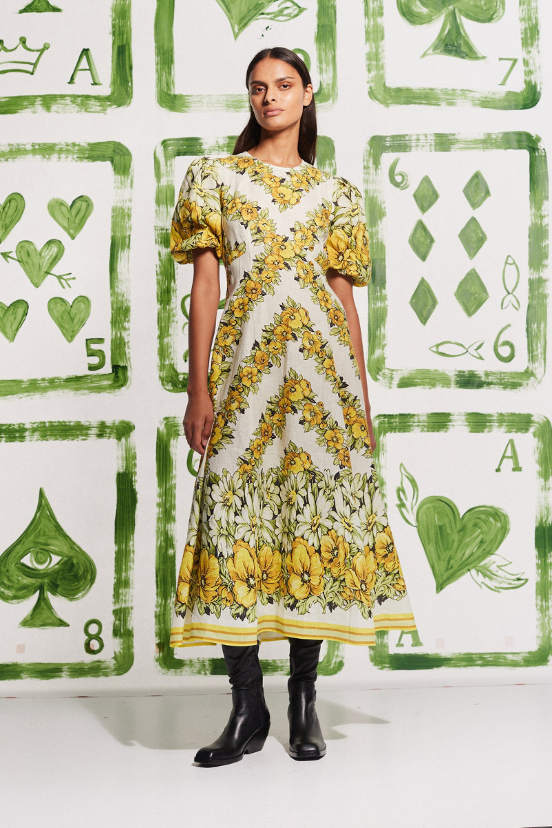 Abito lungo floreale con scollo rotondo Rosalinde in giallo