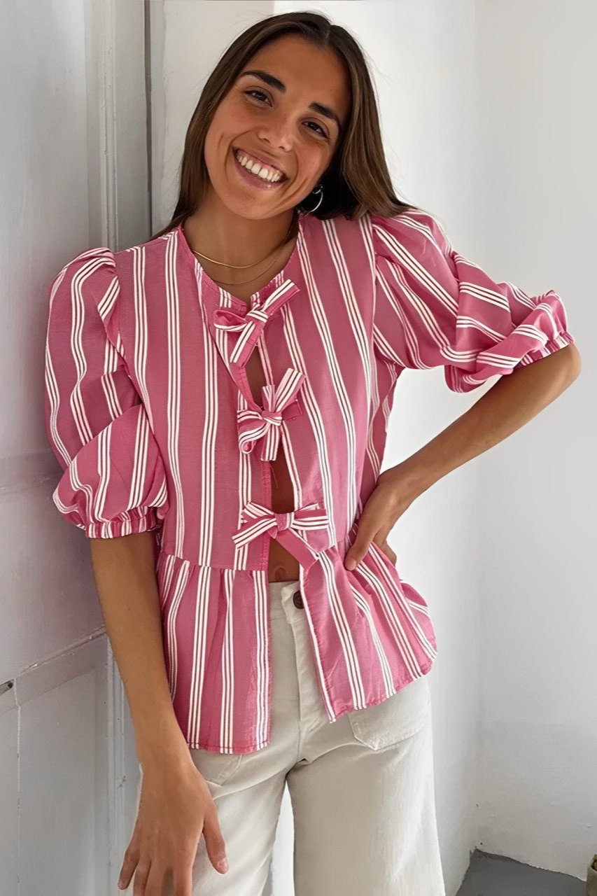 Stripes Puff Sleeve Peplum Bow Ties Blouse