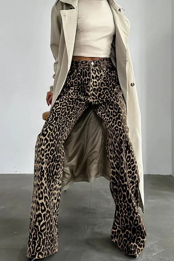 Casual παντελόνι με πολλές τσέπες με κουμπιά Leopard print