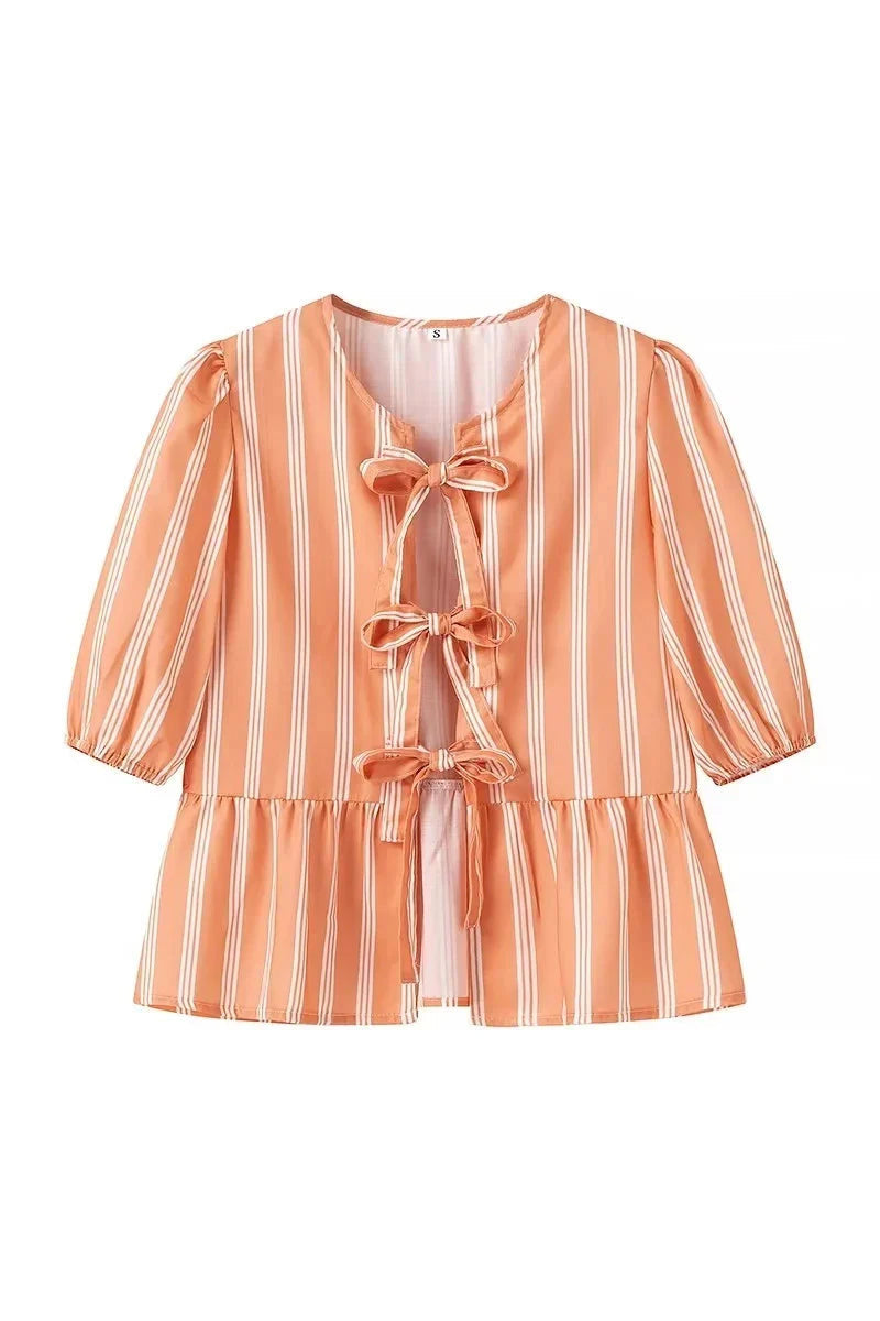 Stripes Puff Sleeve Peplum Bow Ties Blouse