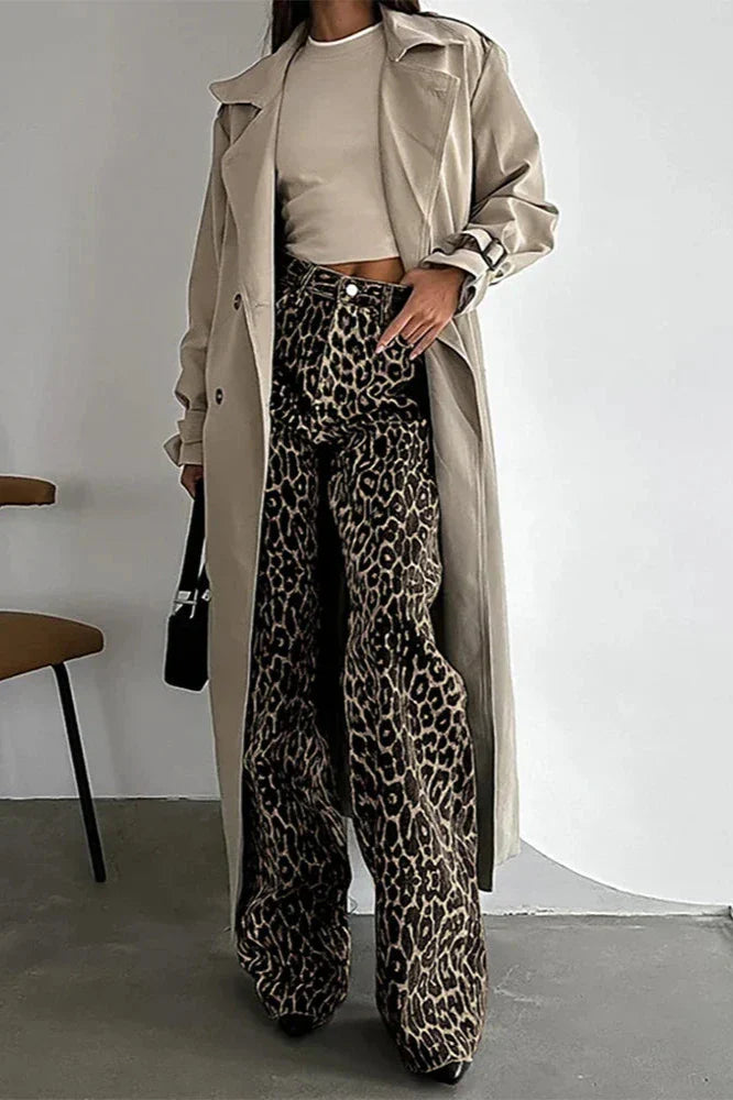 Button Multi Pockets Leopard Print Casual Pants