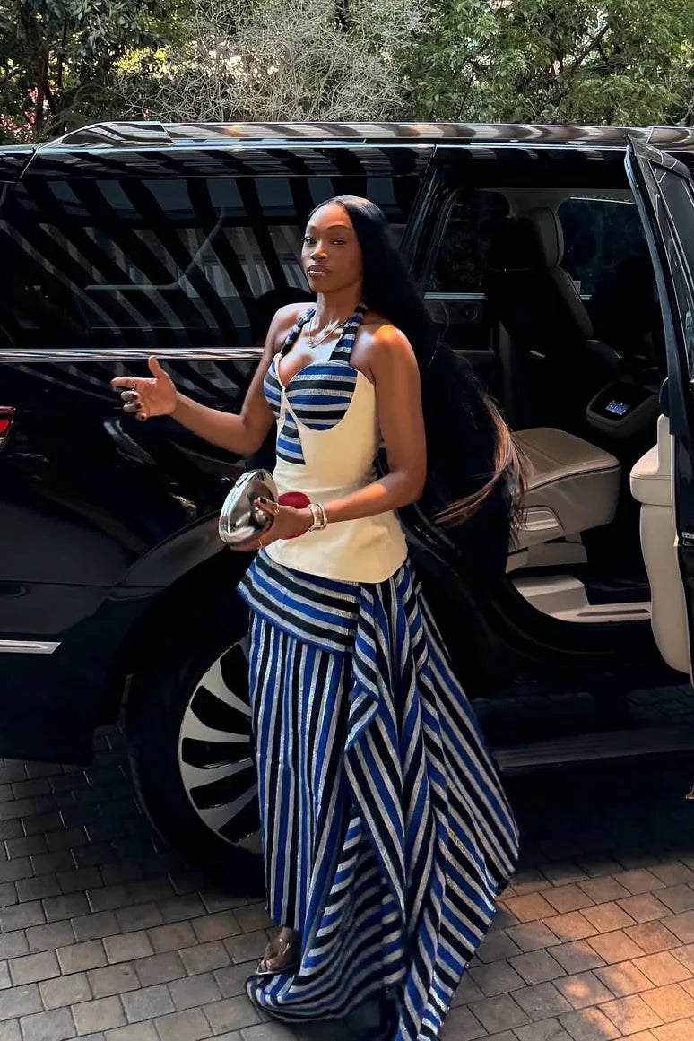 Asymmetric Striped High-Low Maxi Skirt