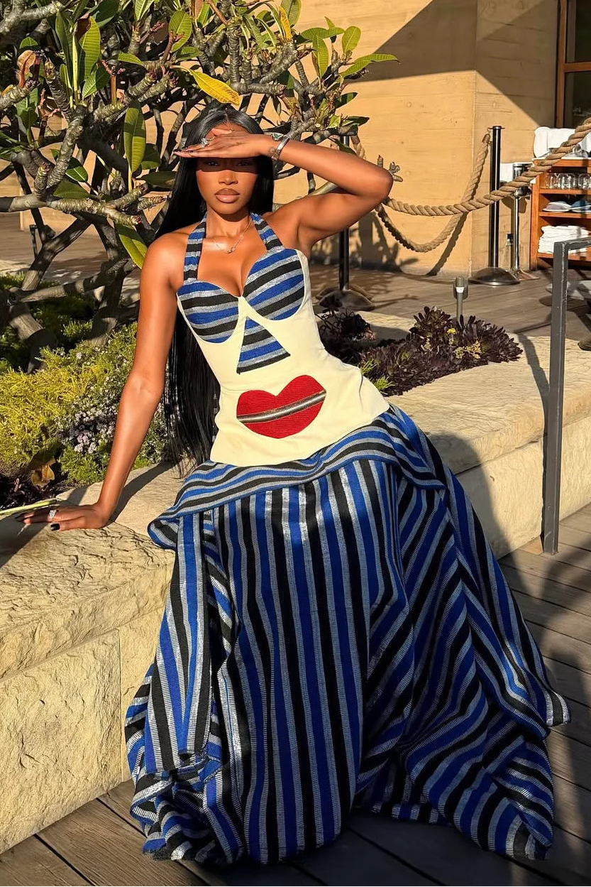 Asymmetric Striped High-Low Maxi Skirt