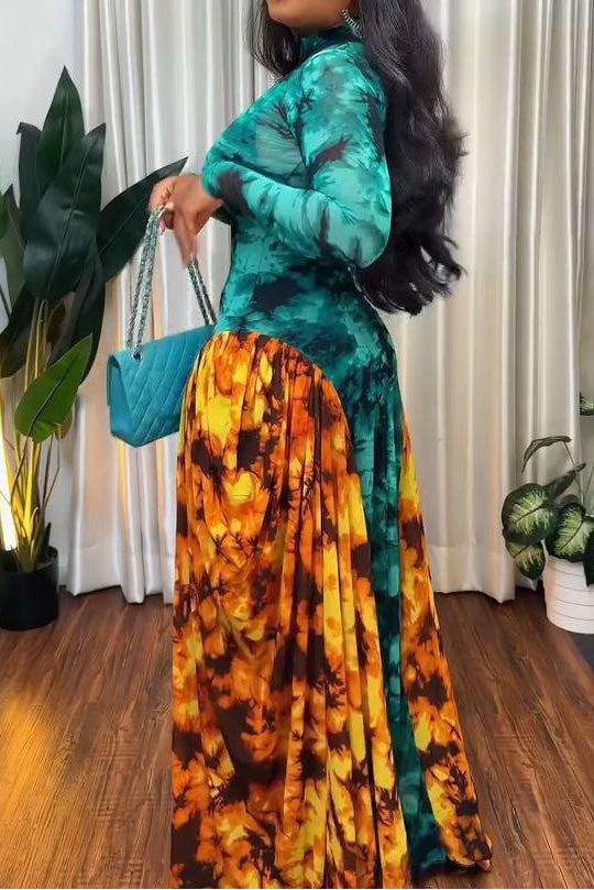 Teal & Orange Tie-Dye Mesh Panel Maxi Dress