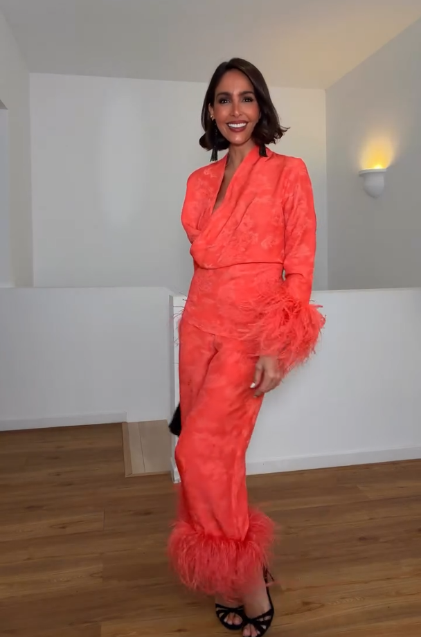 Coral Jacquard Wrap Feather Cuff Top