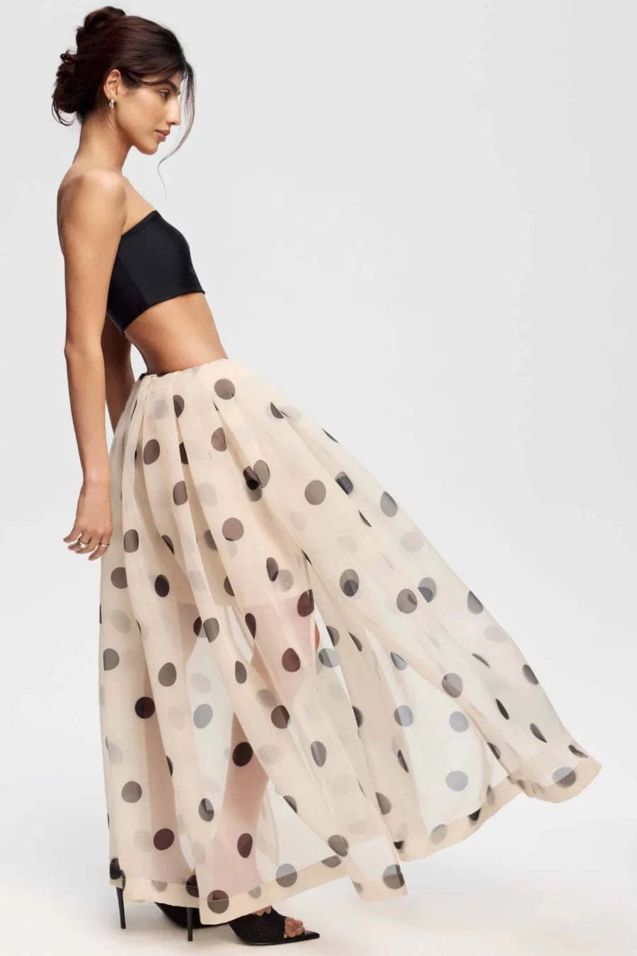 Beige Maxi-Jupe aus transparenter Stoff mat Polka-Punkte