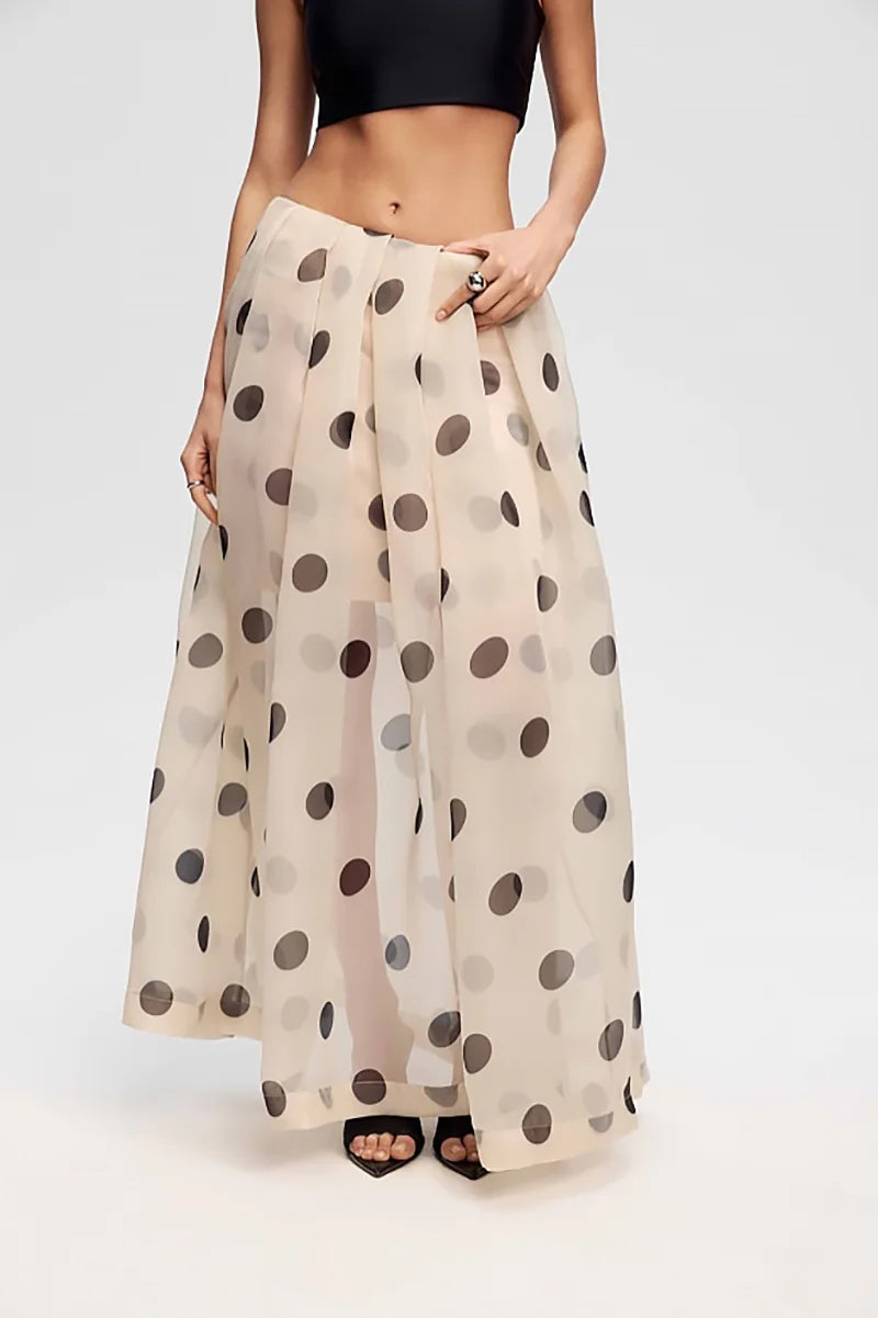 Beige Maxi-Jupe aus transparenter Stoff mat Polka-Punkte