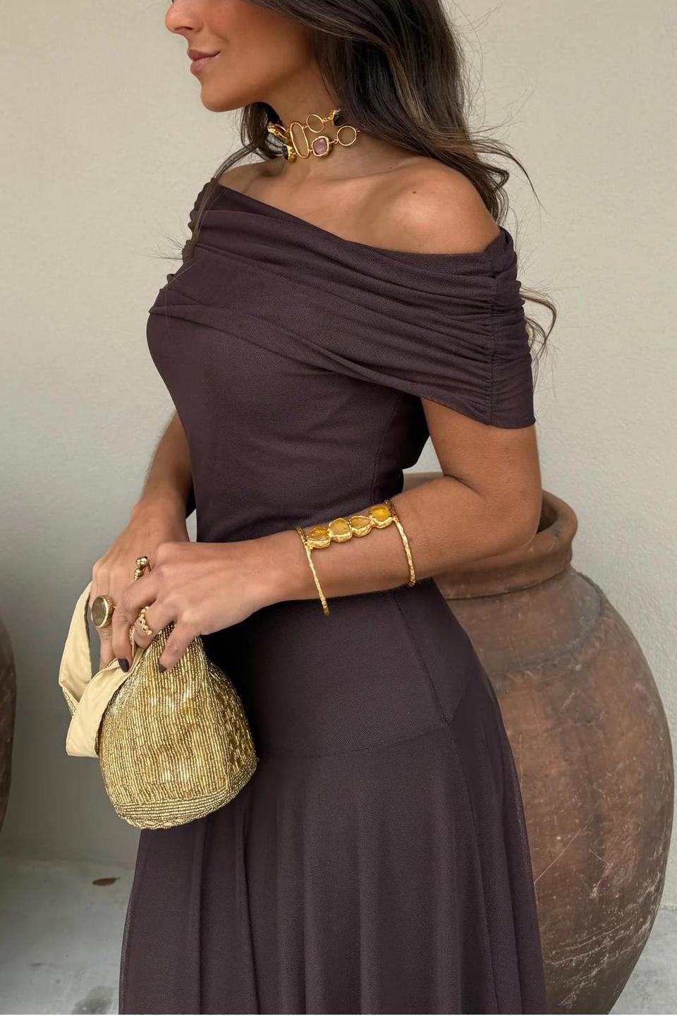 Μάξι φόρεμα Toledo με ένα ώμο και δίχτυ