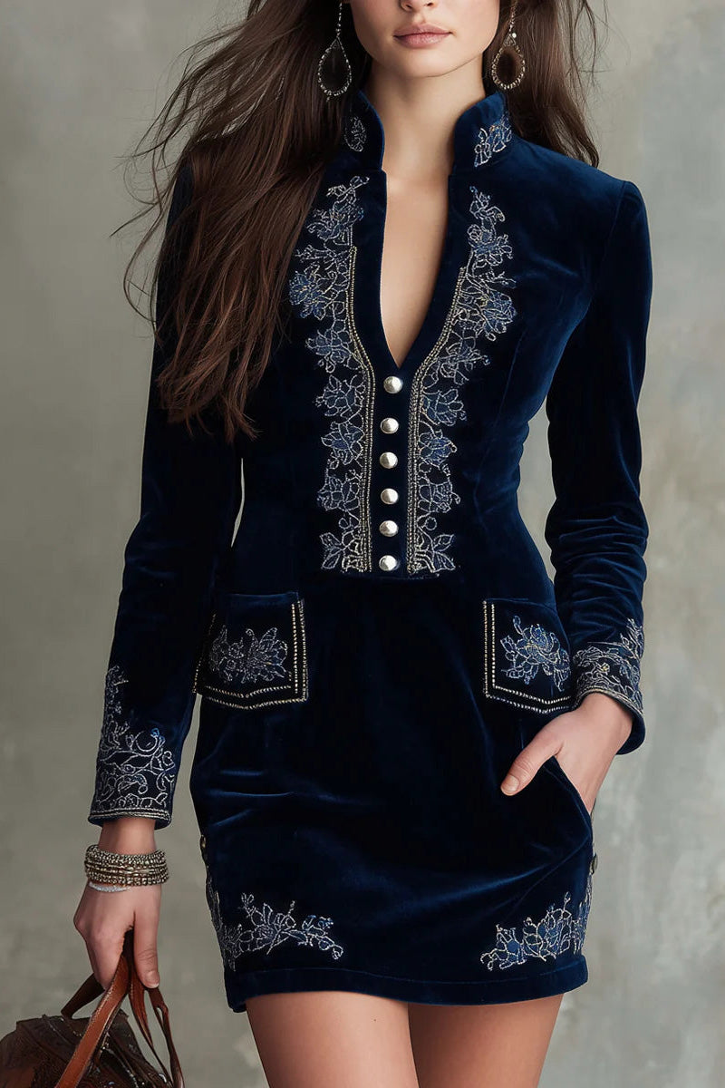 Vintage Embroidered Fitted Velvet Mini Dress