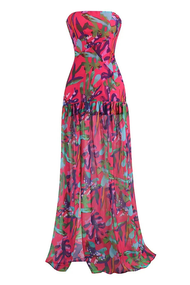 Pam Printed Strapless Slit Maxi Dress