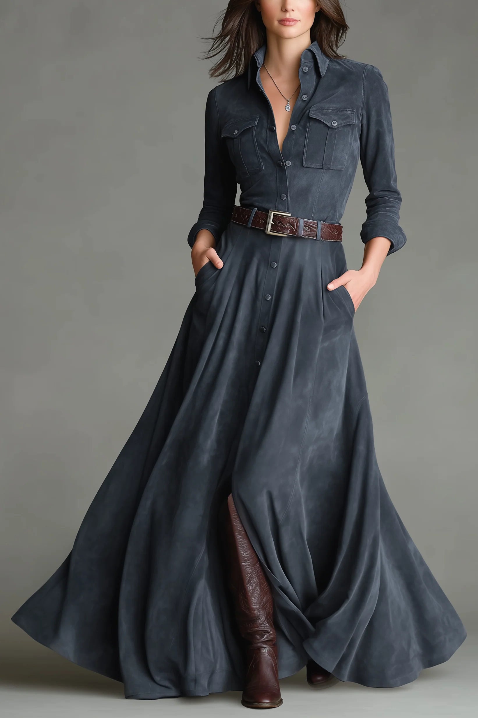 Faux Suede Shirt Collar Single-Breasted Belted Floor-Maxi Dress(Includes Belt)