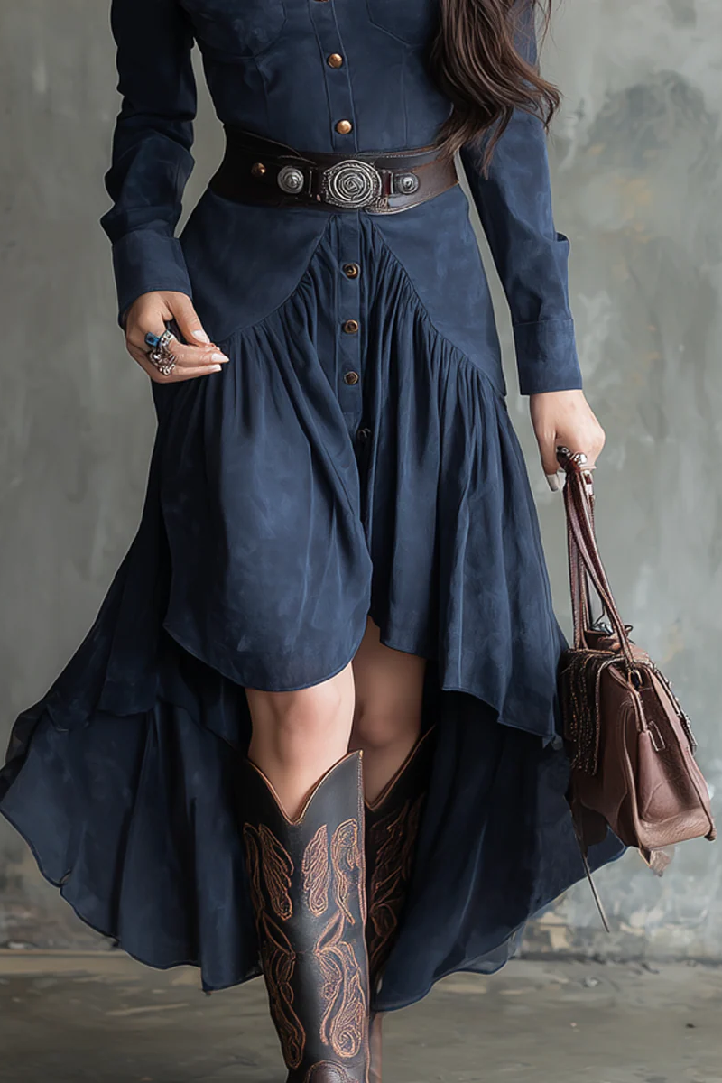 Retro Blue Lapel Button Pocket Irregular Flowy Midi Dress