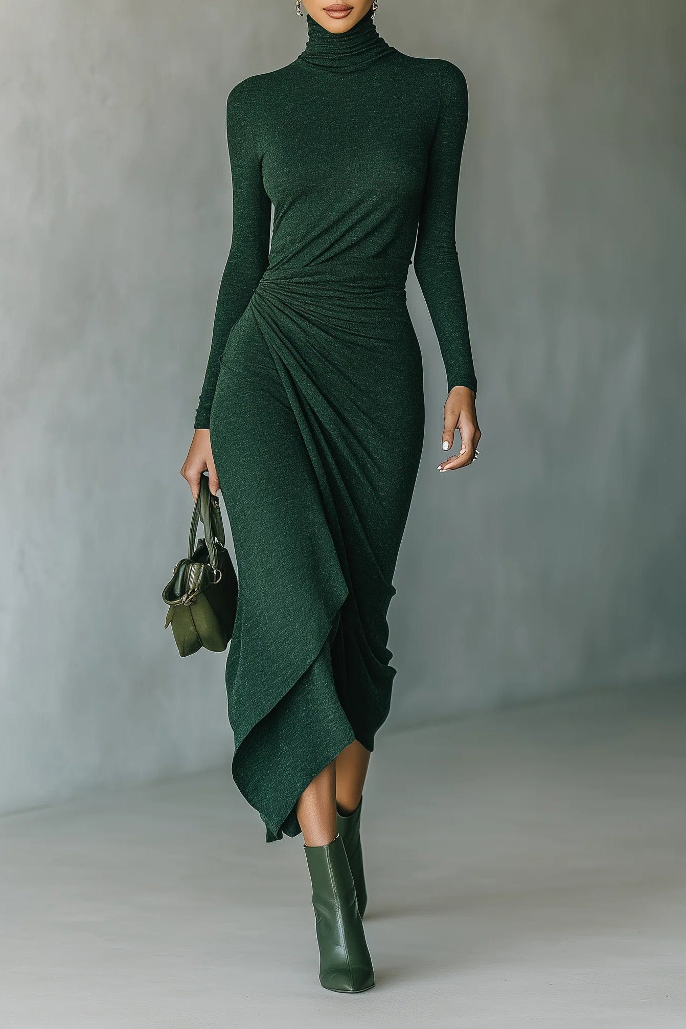 Dark Green Turtleneck Pleated Irregular Wrap Midi Dress