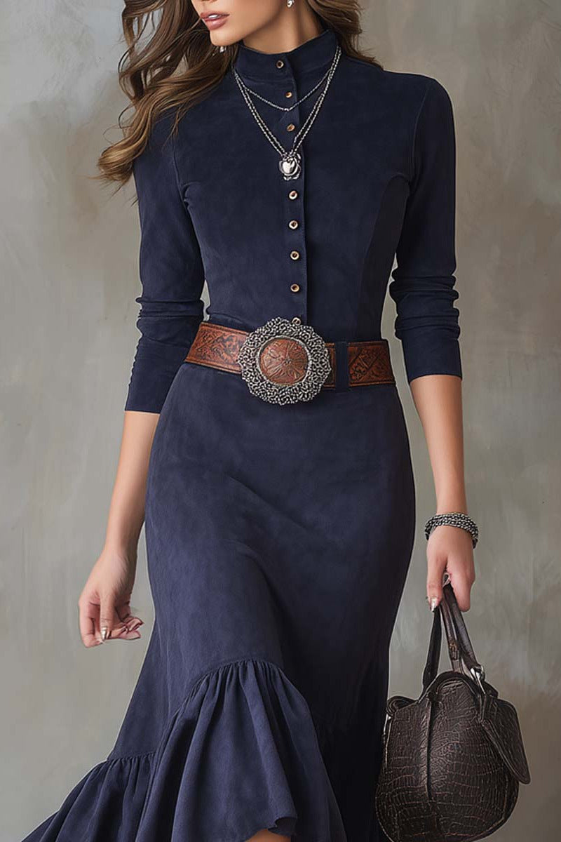 Navy Blue Stand-up Collar Button High-low Hem Maxi Dress