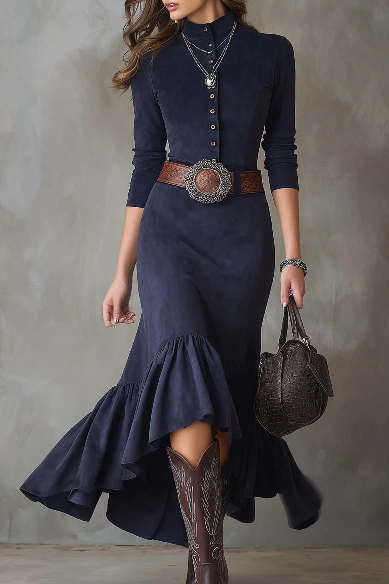 Navy Blue Stand-up Collar Button High-low Hem Maxi Dress
