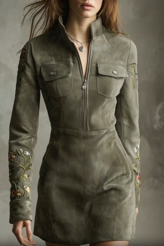 Green Embroidered Faux Suede Half-zip Mini Dress