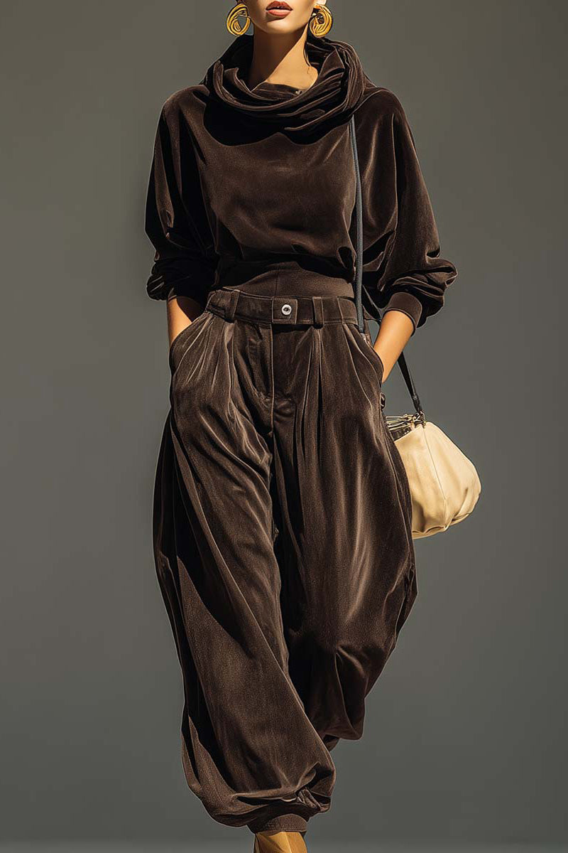 Set vintage din catifea maro format din hanorac și pantaloni largi (include curea)